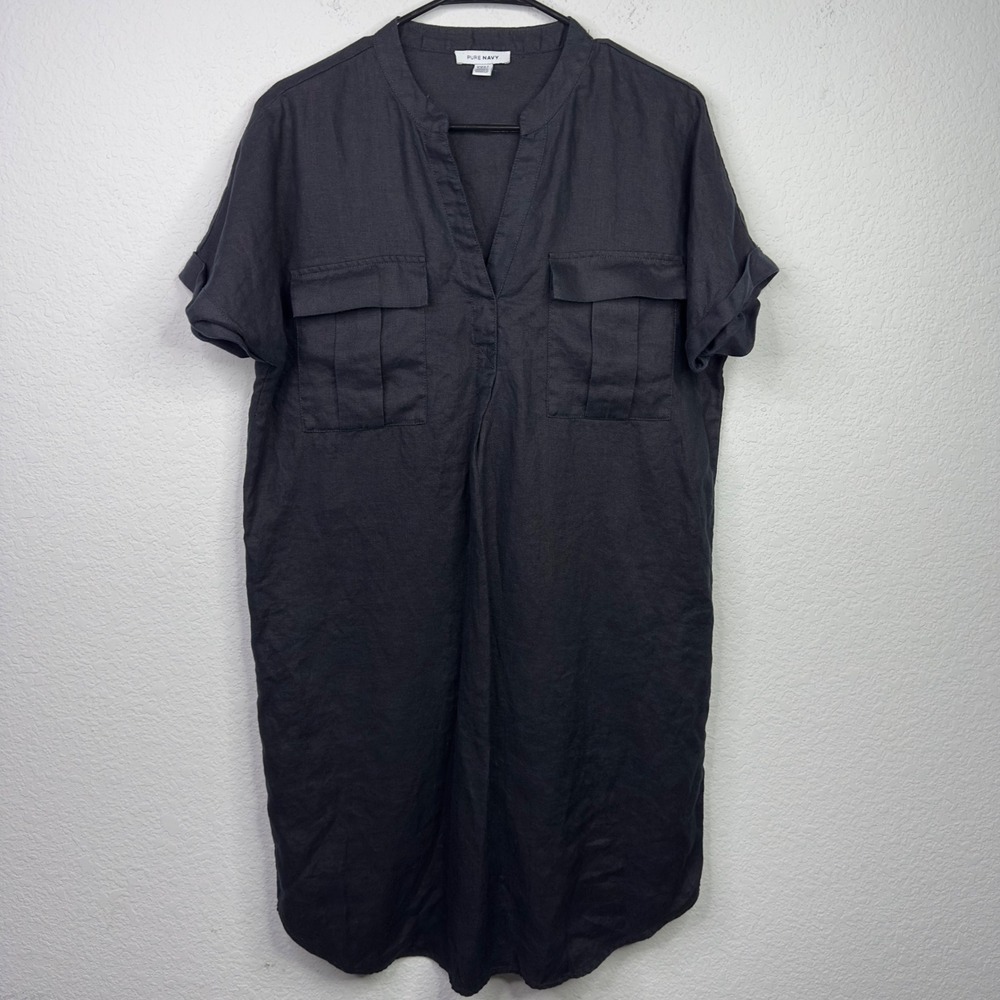Pure Navy Dress Womens M Black Linen Short Sleeve Utility Coastal‎ Minimalist